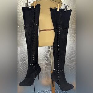 Bella Marie Black Suede Studded Stiletto Thigh High Boots